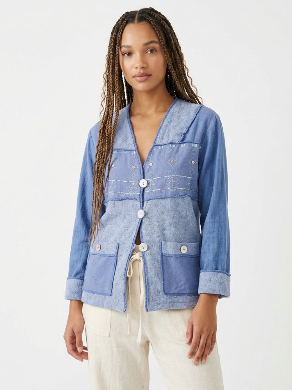 Nancy Bolen Embroidered Mixed Fabric Jacket Cardigan Periwinkle Small Petite